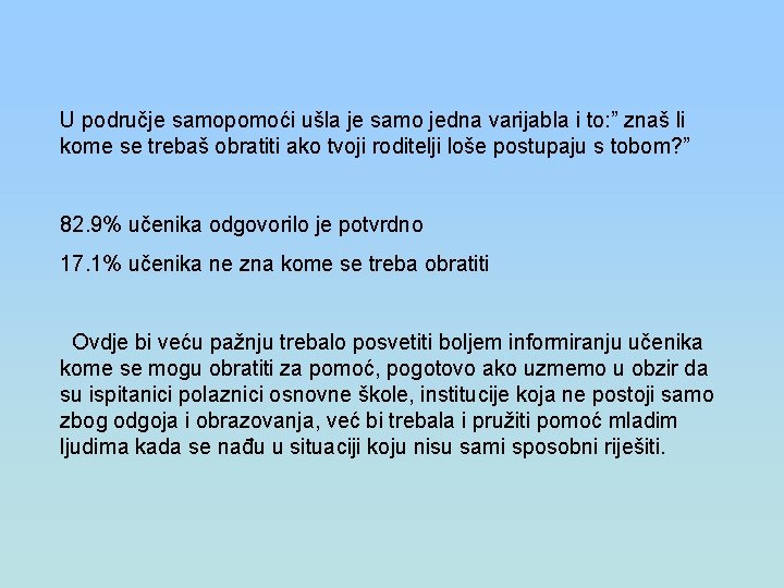 U područje samopomoći ušla je samo jedna varijabla i to: ” znaš li kome