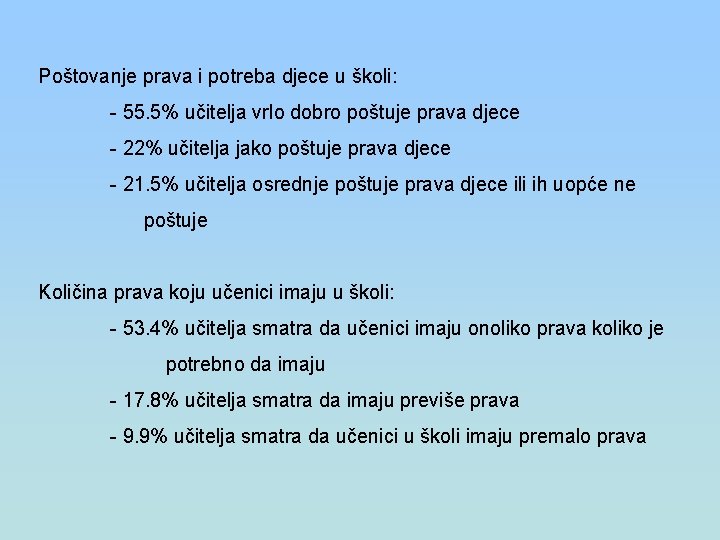 Poštovanje prava i potreba djece u školi: - 55. 5% učitelja vrlo dobro poštuje