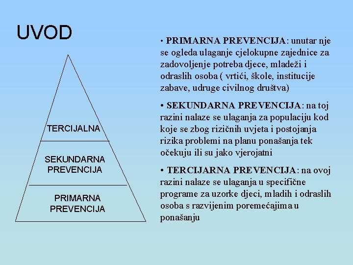 UVOD • PRIMARNA PREVENCIJA: unutar nje se ogleda ulaganje cjelokupne zajednice za zadovoljenje potreba