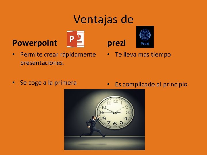 Ventajas de Powerpoint prezi • Permite crear rápidamente presentaciones. • Te lleva mas tiempo