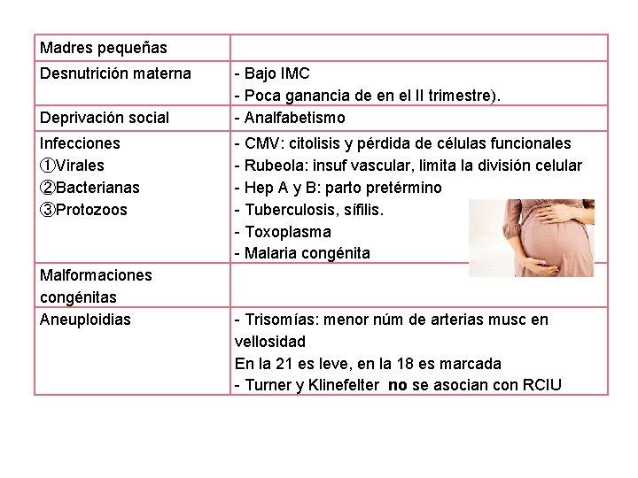 Madres pequeñas Desnutrición materna Deprivación social Infecciones ①Virales ②Bacterianas ③Protozoos Malformaciones congénitas Aneuploidias -