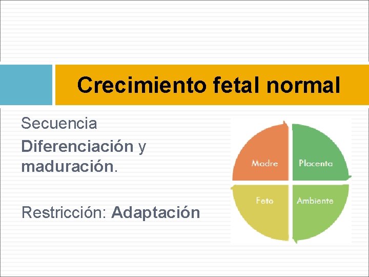 Crecimiento fetal normal Secuencia Diferenciación y maduración. Restricción: Adaptación 