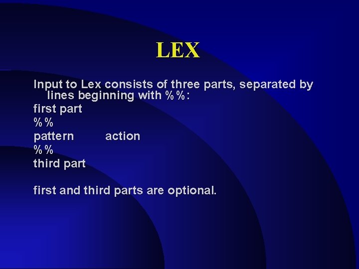 LEX Input to Lex consists of three parts, separated by lines beginning with %%: