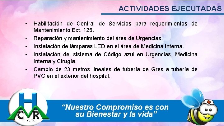 ACTIVIDADES EJECUTADAS • • • Habilitación de Central de Servicios para requerimientos de Mantenimiento