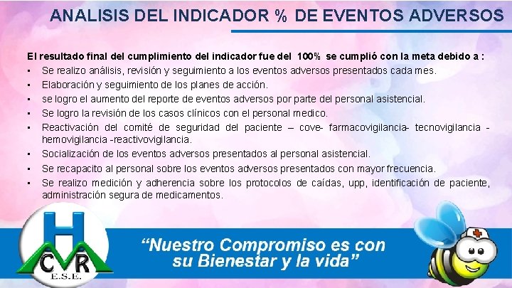 ANALISIS DEL INDICADOR % DE EVENTOS ADVERSOS El resultado final del cumplimiento del indicador