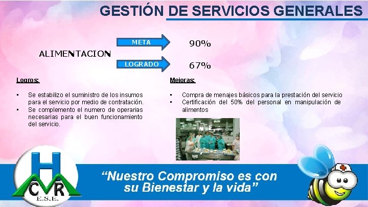 GESTIÓN DE SERVICIOS GENERALES META 90% LOGRADO 67% ALIMENTACION Logros: Mejoras: • • Se