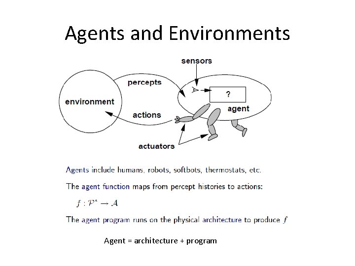 Agents and Environments Agent = architecture + program 