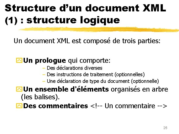 Structure d’un document XML (1) : structure logique Un document XML est composé de