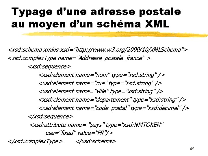 Typage d’une adresse postale au moyen d’un schéma XML <xsd: schema xmlns: xsd="http: //www.