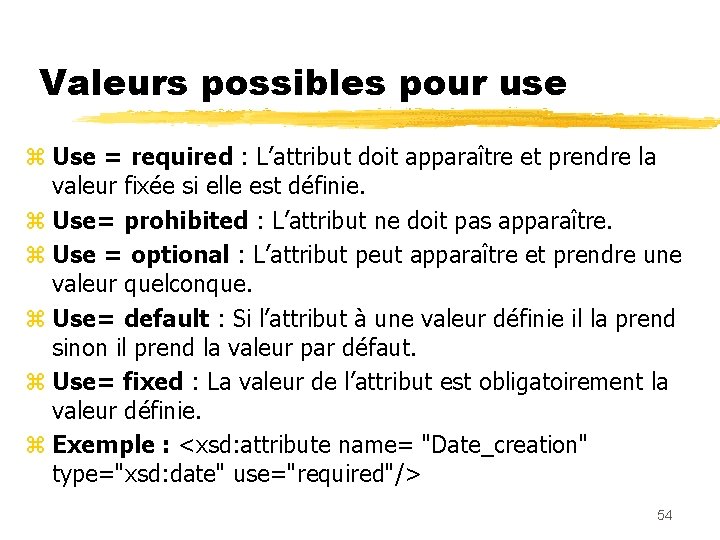 Valeurs possibles pour use z Use = required : L’attribut doit apparaître et prendre