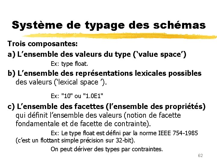 Système de typage des schémas Trois composantes: a) L’ensemble des valeurs du type (‘value