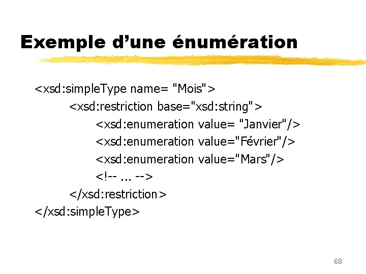 Exemple d’une énumération <xsd: simple. Type name= "Mois"> <xsd: restriction base="xsd: string"> <xsd: enumeration