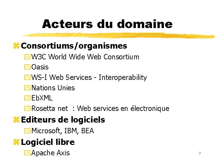 Acteurs du domaine z Consortiums/organismes y. W 3 C World Wide Web Consortium y.