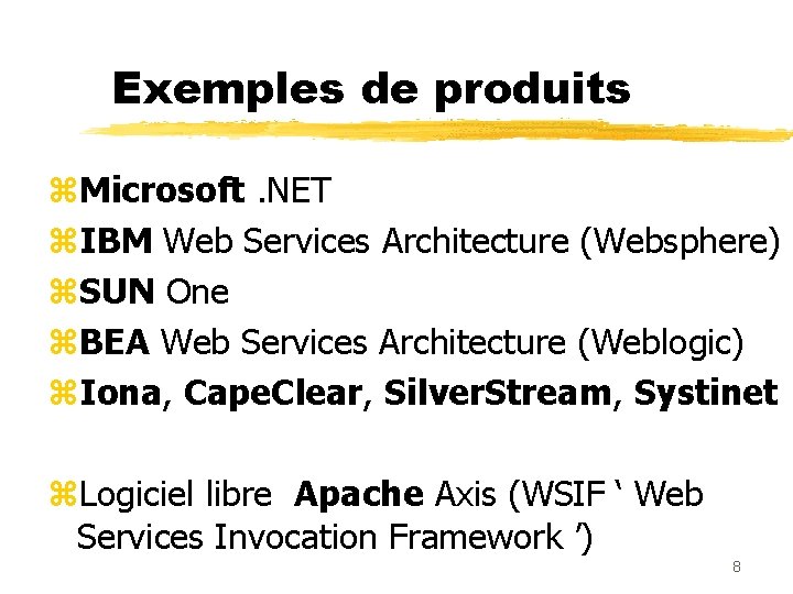 Exemples de produits z. Microsoft. NET z. IBM Web Services Architecture (Websphere) z. SUN