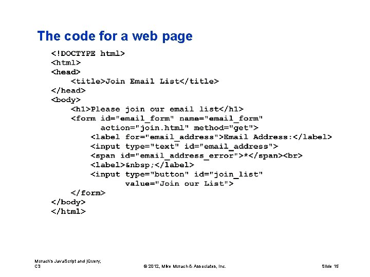 The code for a web page Murach's Java. Script and j. Query, C 3