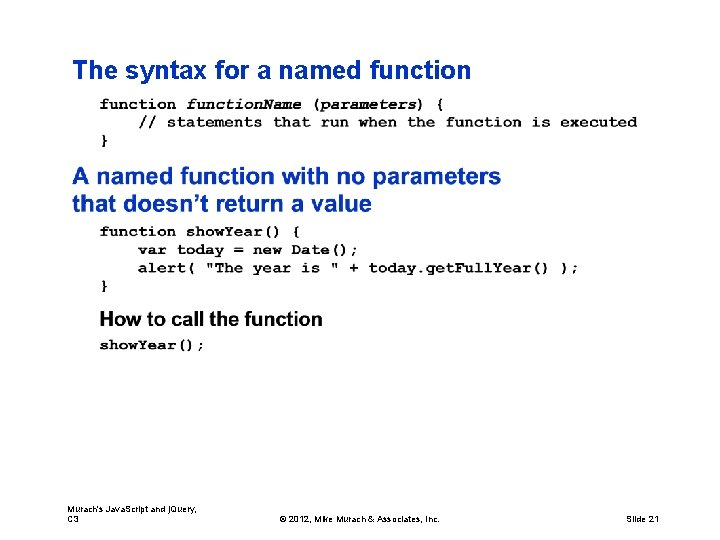 The syntax for a named function Murach's Java. Script and j. Query, C 3