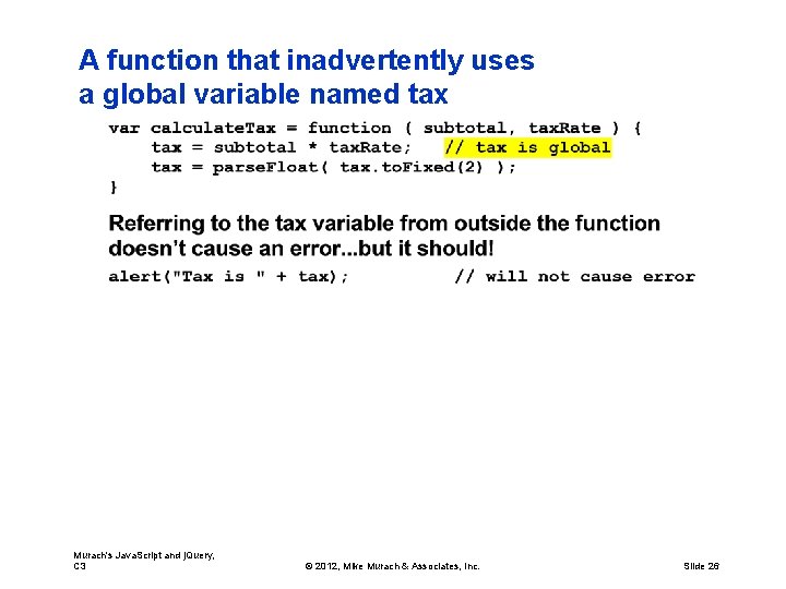 A function that inadvertently uses a global variable named tax Murach's Java. Script and