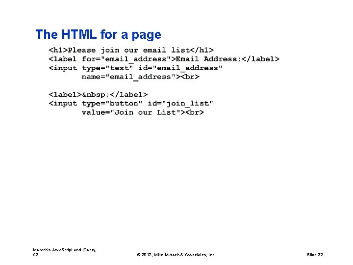 The HTML for a page Murach's Java. Script and j. Query, C 3 ©