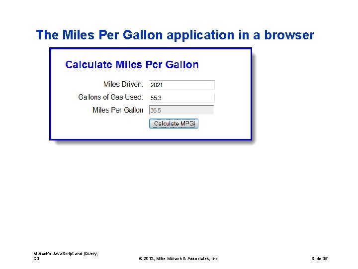 The Miles Per Gallon application in a browser Murach's Java. Script and j. Query,