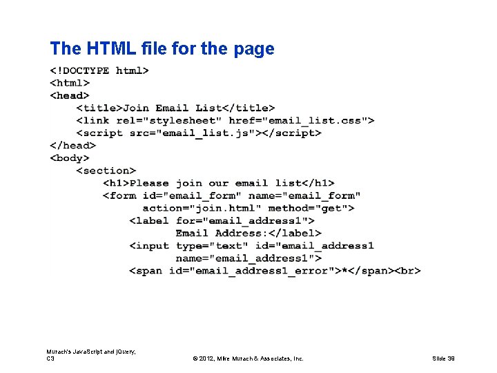 The HTML file for the page Murach's Java. Script and j. Query, C 3