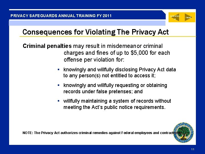 PRIVACY SAFEGUARDS ANNUAL TRAINING FY 2011 previou s next Consequences for Violating The Privacy PRIVACY SAFEGUARDS ANNUAL TRAINING FY 2011 previou s next Consequences for Violating The Privacy