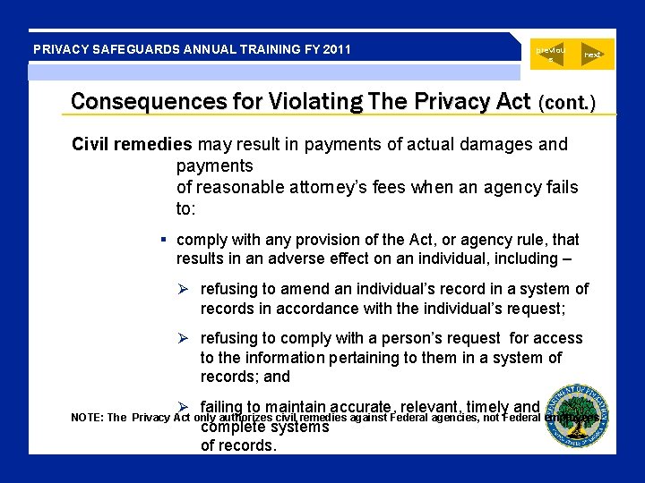 PRIVACY SAFEGUARDS ANNUAL TRAINING FY 2011 previou s next Consequences for Violating The Privacy