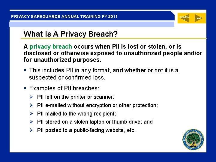 PRIVACY SAFEGUARDS ANNUAL TRAINING FY 2011 previou s next What Is A Privacy Breach?
