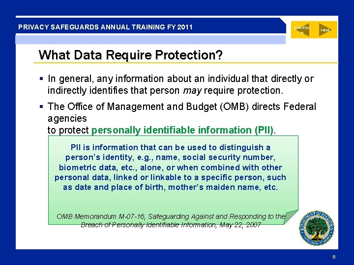 PRIVACY SAFEGUARDS ANNUAL TRAINING FY 2011 previou s next What Data Require Protection? §