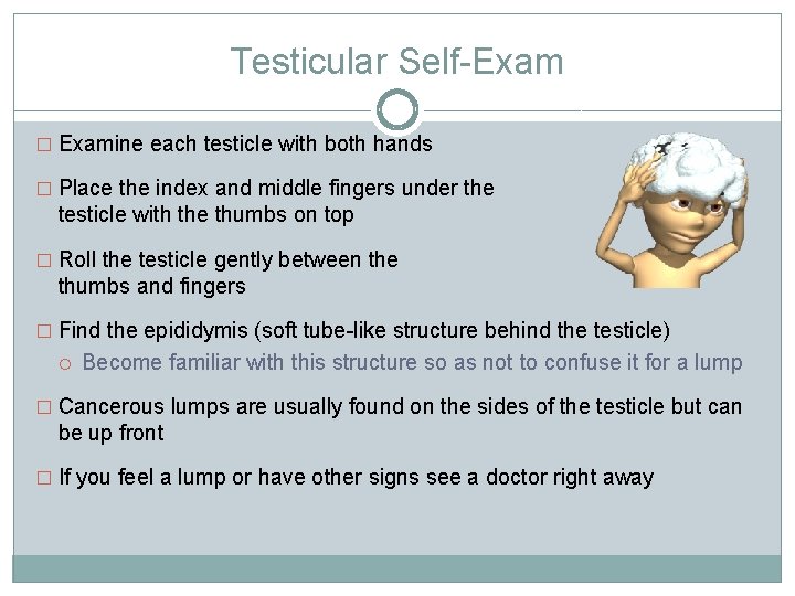 Testicular Self-Exam � Examine each testicle with both hands � Place the index and