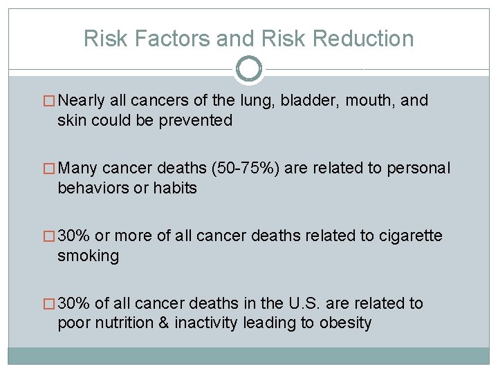 Risk Factors and Risk Reduction � Nearly all cancers of the lung, bladder, mouth,