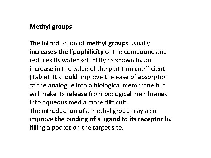Methyl groups The introduction of methyl groups usually increases the lipophilicity of the compound