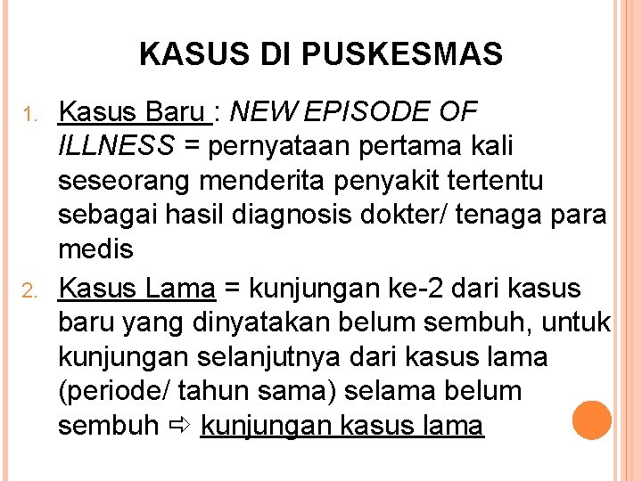 KASUS DI PUSKESMAS 1. 2. Kasus Baru : NEW EPISODE OF ILLNESS = pernyataan KASUS DI PUSKESMAS 1. 2. Kasus Baru : NEW EPISODE OF ILLNESS = pernyataan