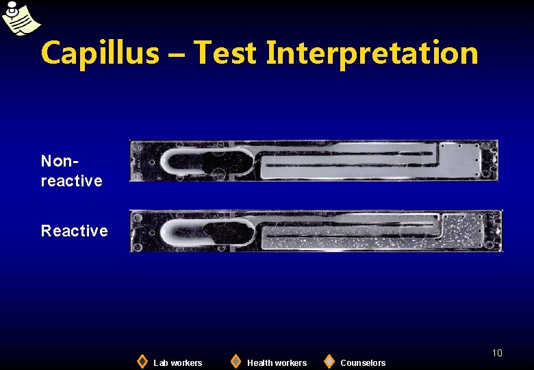 Capillus – Test Interpretation Nonreactive Reactive 10 Lab workers Health workers Counselors 