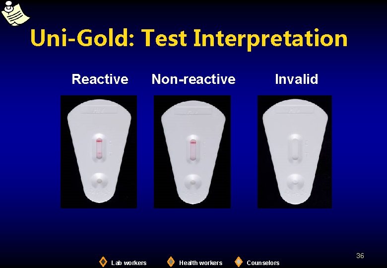 Uni-Gold: Test Interpretation Reactive Non-reactive Invalid 36 Lab workers Health workers Counselors 