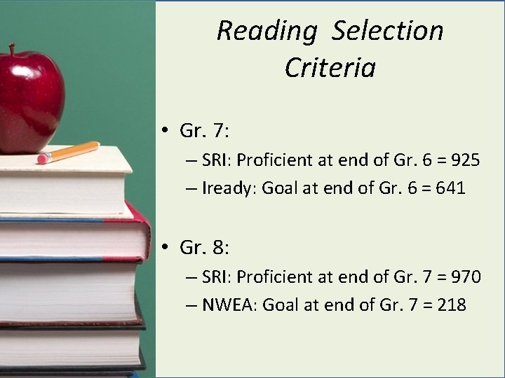 Reading Selection Criteria • Gr. 7: Scholastic Reading I) – SRI: Proficient at end