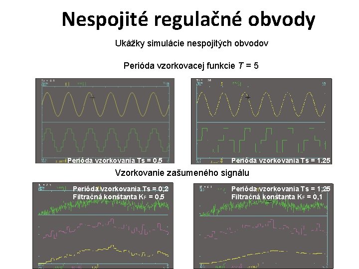 Nespojité regulačné obvody Ukážky simulácie nespojitých obvodov Perióda vzorkovacej funkcie T = 5 Perióda