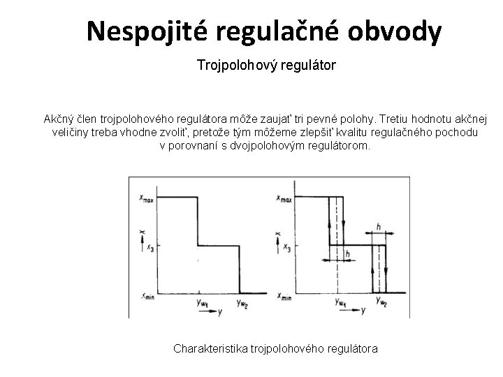 Nespojité regulačné obvody Trojpolohový regulátor Akčný člen trojpolohového regulátora môže zaujať tri pevné polohy.