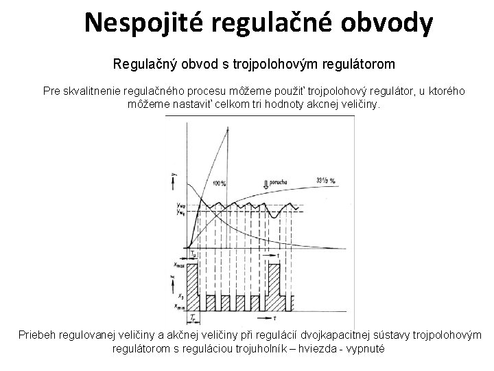 Nespojité regulačné obvody Regulačný obvod s trojpolohovým regulátorom Pre skvalitnenie regulačného procesu môžeme použiť