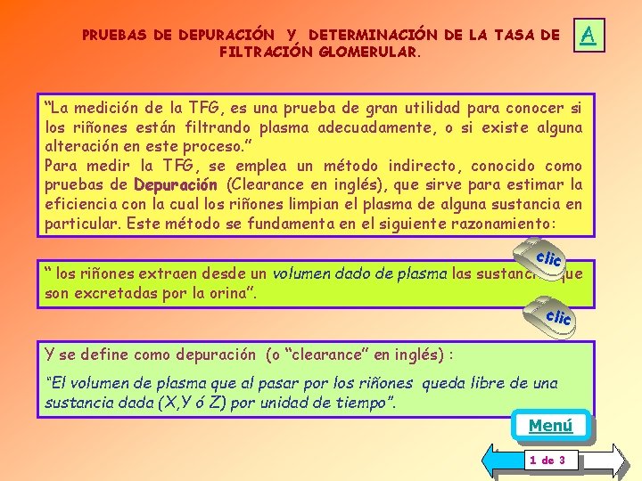 PRUEBAS DE DEPURACIÓN Y DETERMINACIÓN DE LA TASA DE FILTRACIÓN GLOMERULAR. A “La medición PRUEBAS DE DEPURACIÓN Y DETERMINACIÓN DE LA TASA DE FILTRACIÓN GLOMERULAR. A “La medición