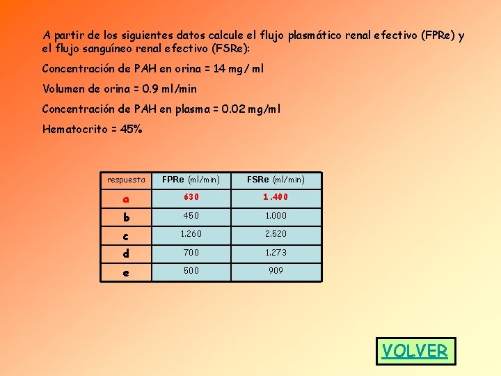 A partir de los siguientes datos calcule el flujo plasmático renal efectivo (FPRe) y A partir de los siguientes datos calcule el flujo plasmático renal efectivo (FPRe) y