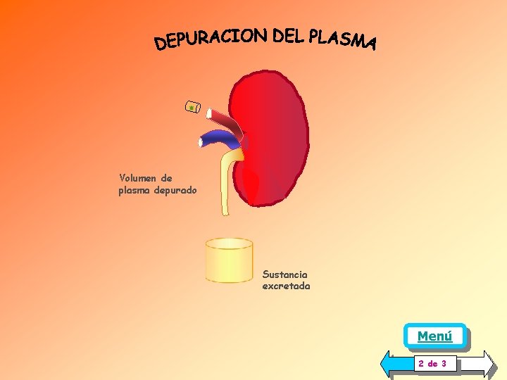 Volumen de plasma depurado Sustancia excretada Menú 2 de 3 Volumen de plasma depurado Sustancia excretada Menú 2 de 3