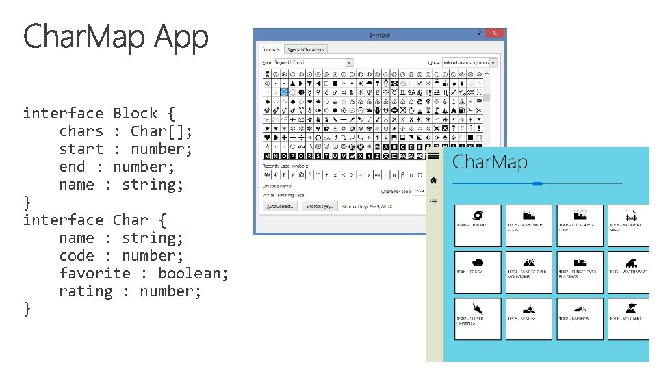 interface Block { chars : Char[]; start : number; end : number; name :