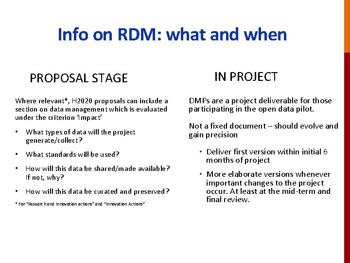 Info on RDM: what and when PROPOSAL STAGE Where relevant*, H 2020 proposals can