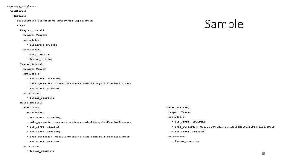 topology_template: workflows: install: Sample description: Workflow to deploy the application steps: Compute_install: target: Compute