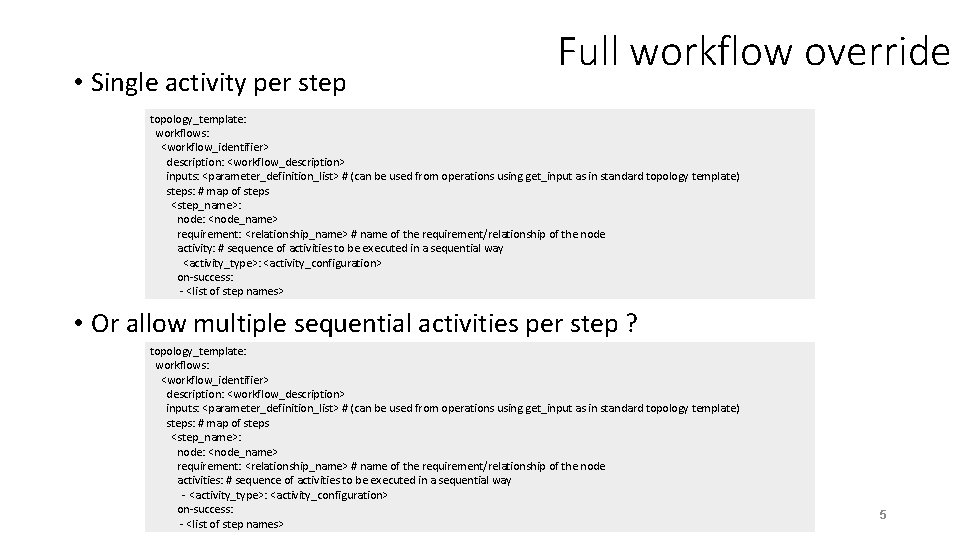  • Single activity per step Full workflow override topology_template: workflows: <workflow_identifier> description: <workflow_description>