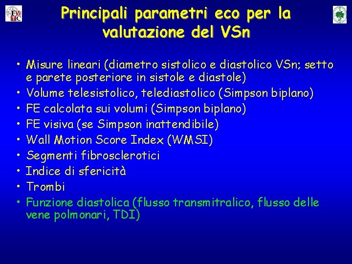 Principali parametri eco per la valutazione del VSn • Misure lineari (diametro sistolico e Principali parametri eco per la valutazione del VSn • Misure lineari (diametro sistolico e