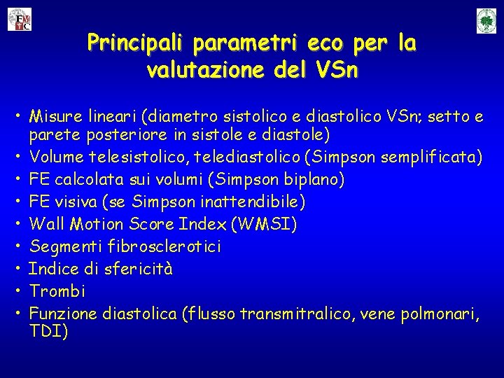 Principali parametri eco per la valutazione del VSn • Misure lineari (diametro sistolico e Principali parametri eco per la valutazione del VSn • Misure lineari (diametro sistolico e