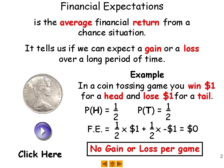 Financial Expectations is the average financial return from a chance situation. It tells us