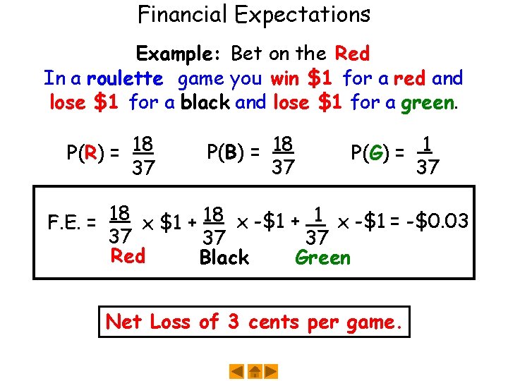 Financial Expectations Example: Bet on the Red In a roulette game you win $1