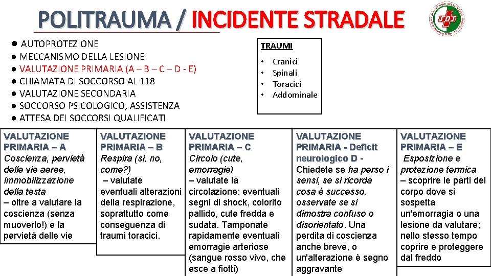 POLITRAUMA / INCIDENTE STRADALE ● AUTOPROTEZIONE ● MECCANISMO DELLA LESIONE ● VALUTAZIONE PRIMARIA (A